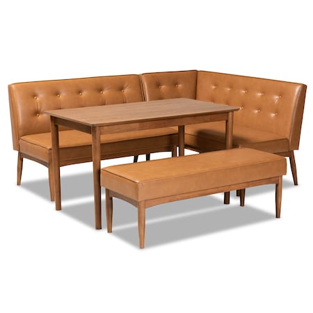 Baxton Studio Arvid Mid-Century Modern Tan Faux Leather and Walnut Brown Finished Wood 4-Piece Dining Nook Set 175-10837-10839-9305-Zoro